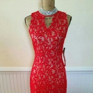 Scarlet red lace overlay formal dress